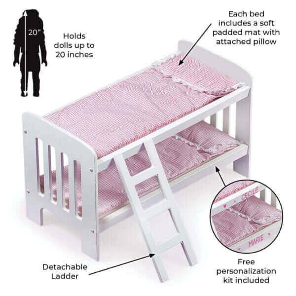 Badger Basket Doll Bunk Bed with Bedding, Ladder, and Free Personalization Kit