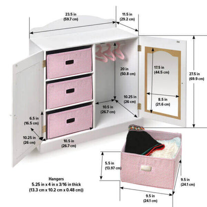 Badger Basket Mirrored Doll Armoire with 3 Baskets and 3 Hangers