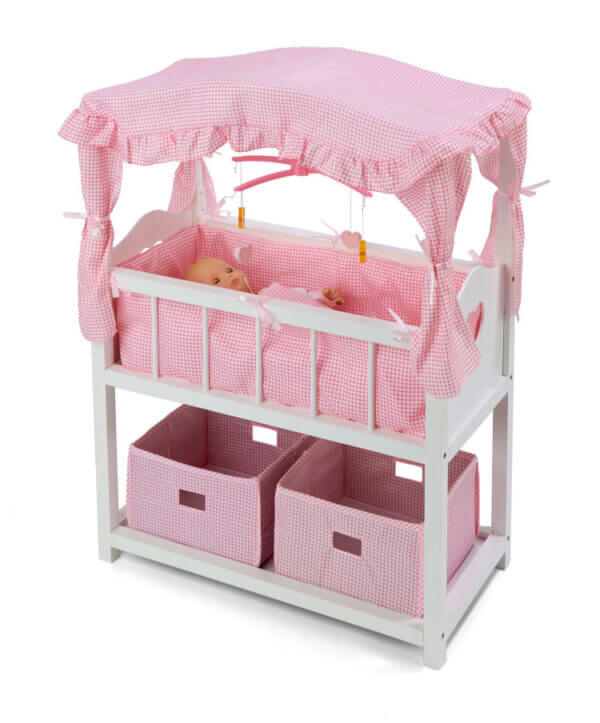 Badger Basket Canopy Doll Crib with Baskets, Bedding, and Mobile