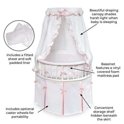 Elegance Round Baby Bassinet with Canopy - White/Pink