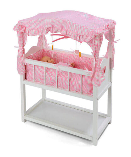 Badger Basket Canopy Doll Crib with Baskets, Bedding, and Mobile