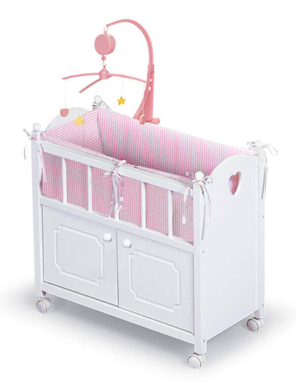 Badger Basket Cabinet Doll Crib with Gingham Bedding and Free Personalization Kit