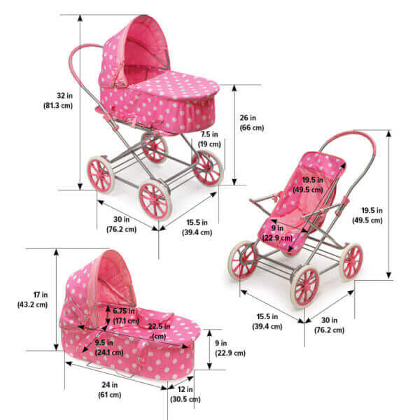 Just Like Mommy 3-in-1 Doll Pram/Carrier/Stroller – Pink/Polka Dots