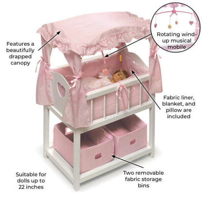 Badger Basket Canopy Doll Crib with Baskets, Bedding, and Mobile