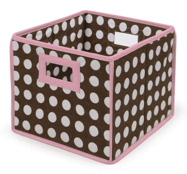 Folding Basket/Storage Cube – Pink Trim/Brown Polka Dot